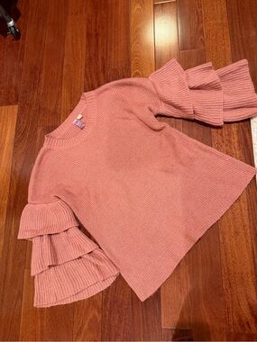 Womens Pink Ruffle-Sleeve Crewneck Sweater